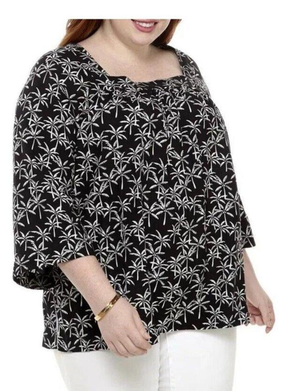 NWT Crown & Ivy 2x Square Neck Blouse Top Resort Palm Trees Black & White $65.50